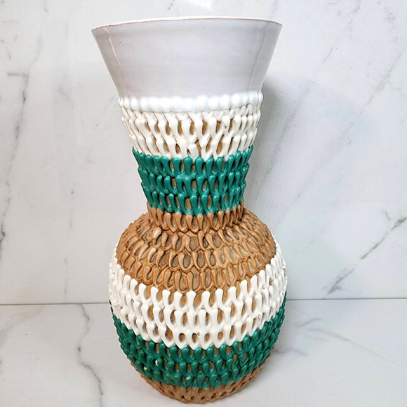 Beautiful Mid-Century Modern Wrapped Textured Multicolor Pottery Vase Italy 8.5" - Picture 9 of 10